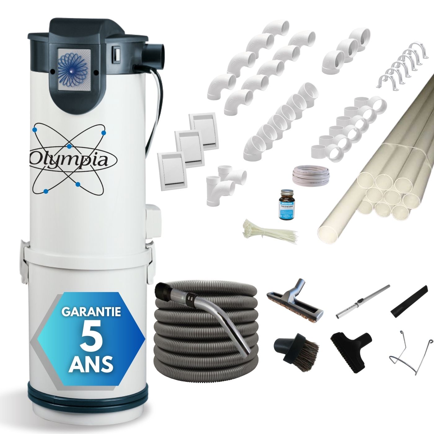 Pack complet aspirateur centralisé PREMIUM 1 avec flexible et accessoires pour l'installation de 3 prises standard