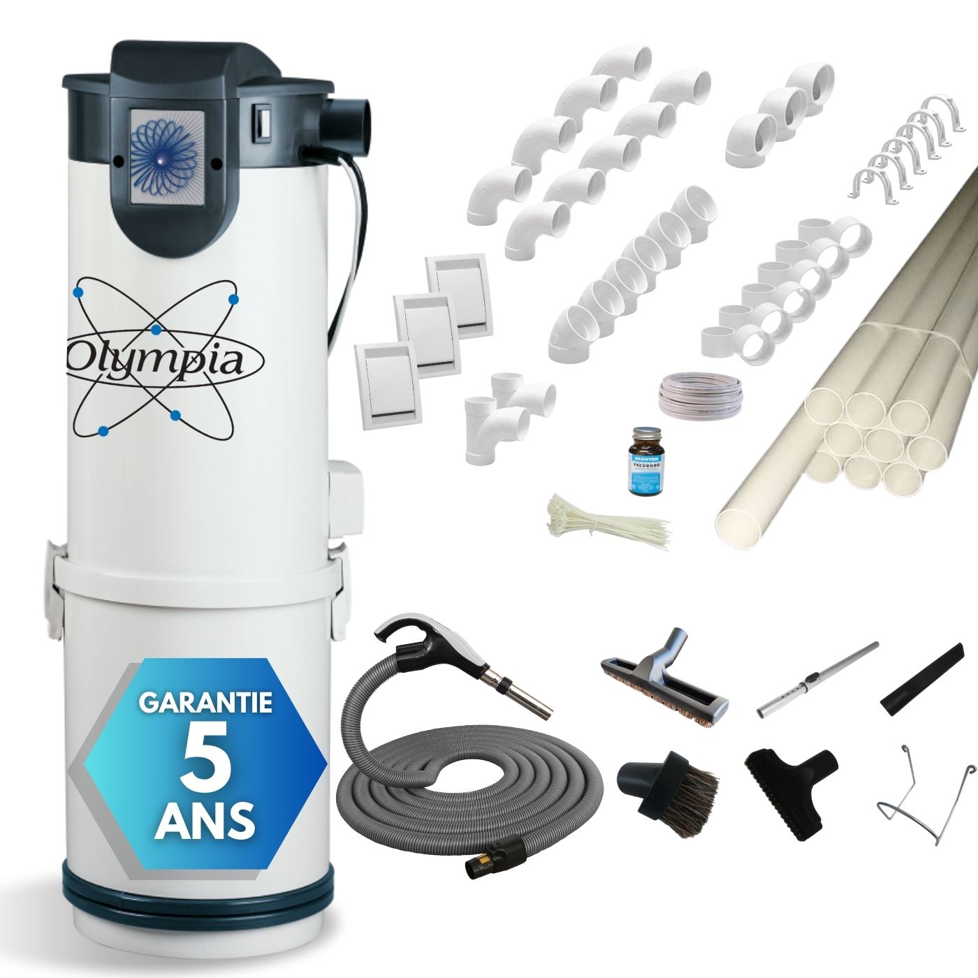 Pack complet aspirateur centralisé PREMIUM 1 avec flexible BIROTOR et accessoires pour l'installation de 3 prises standard