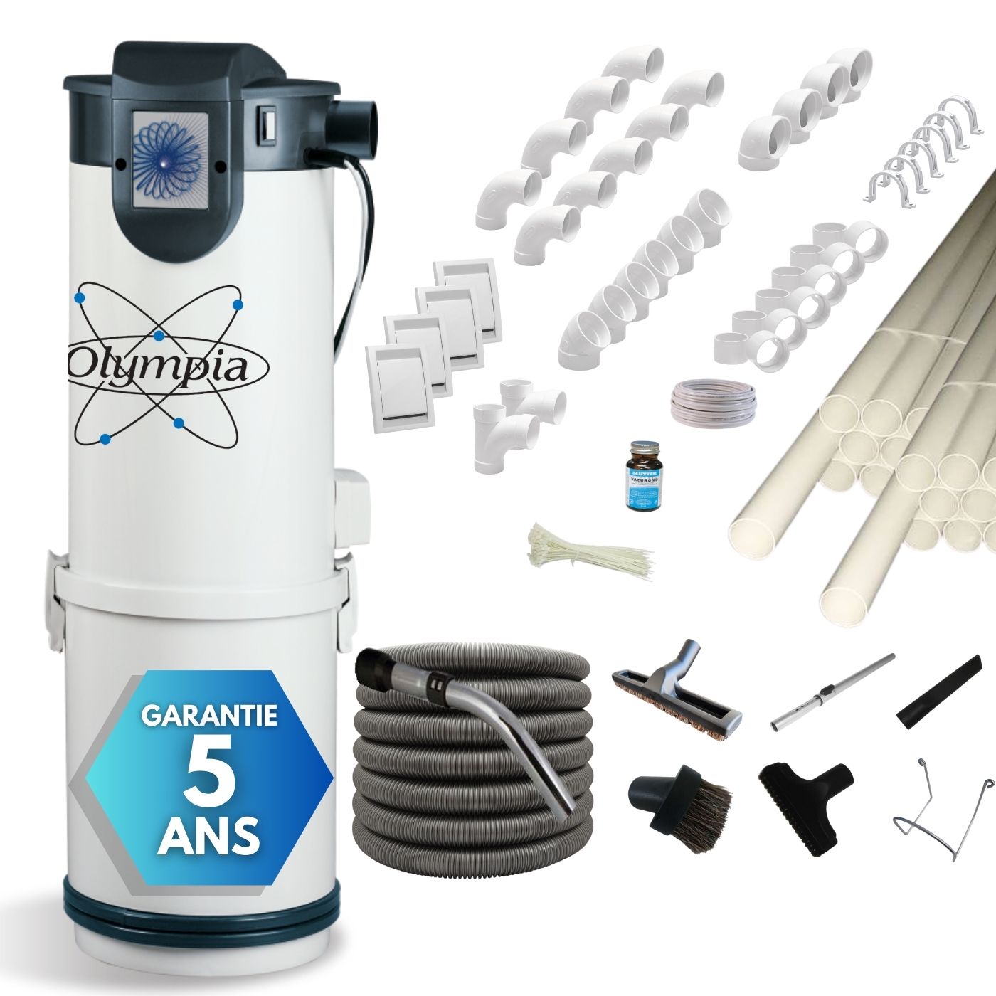 Pack complet aspirateur centralisé PREMIUM 1 avec flexible et accessoires pour l'installation de 4 prises standard
